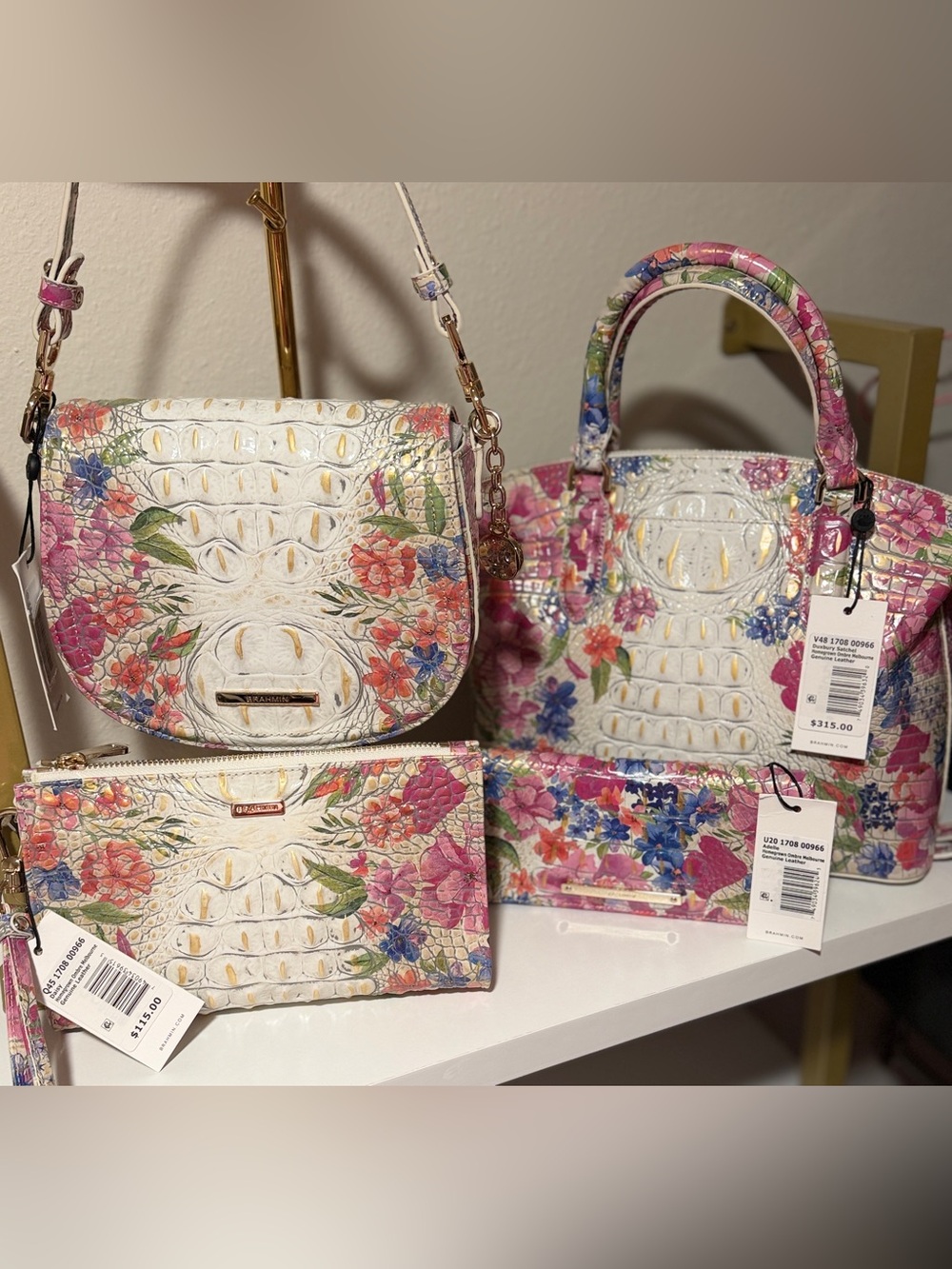 Brahmin White Floral Croc-Embossed Crossbody & Tote Set